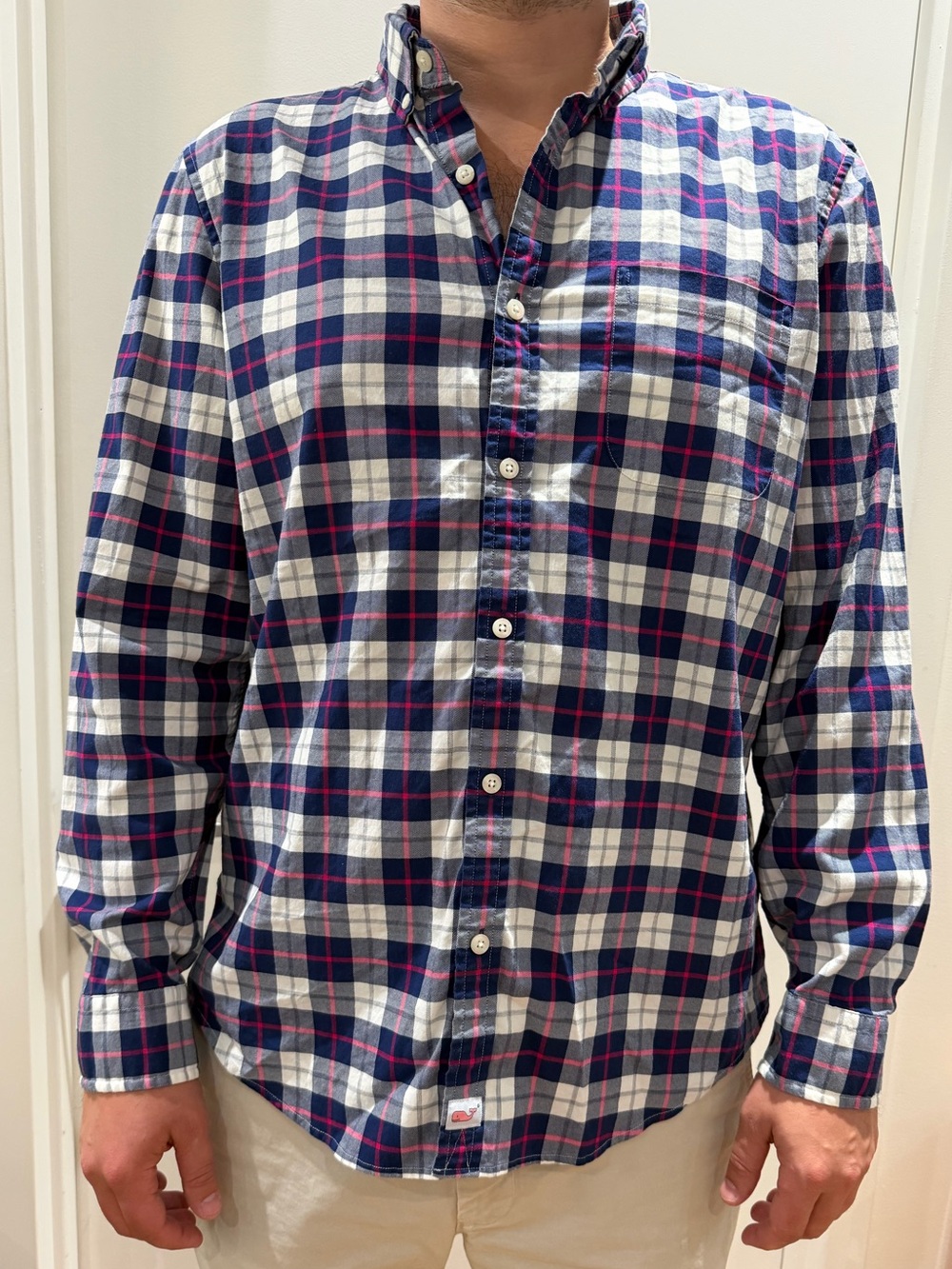 Vineyard Vines Navy, White & Pink Plaid Button-Down Shirt